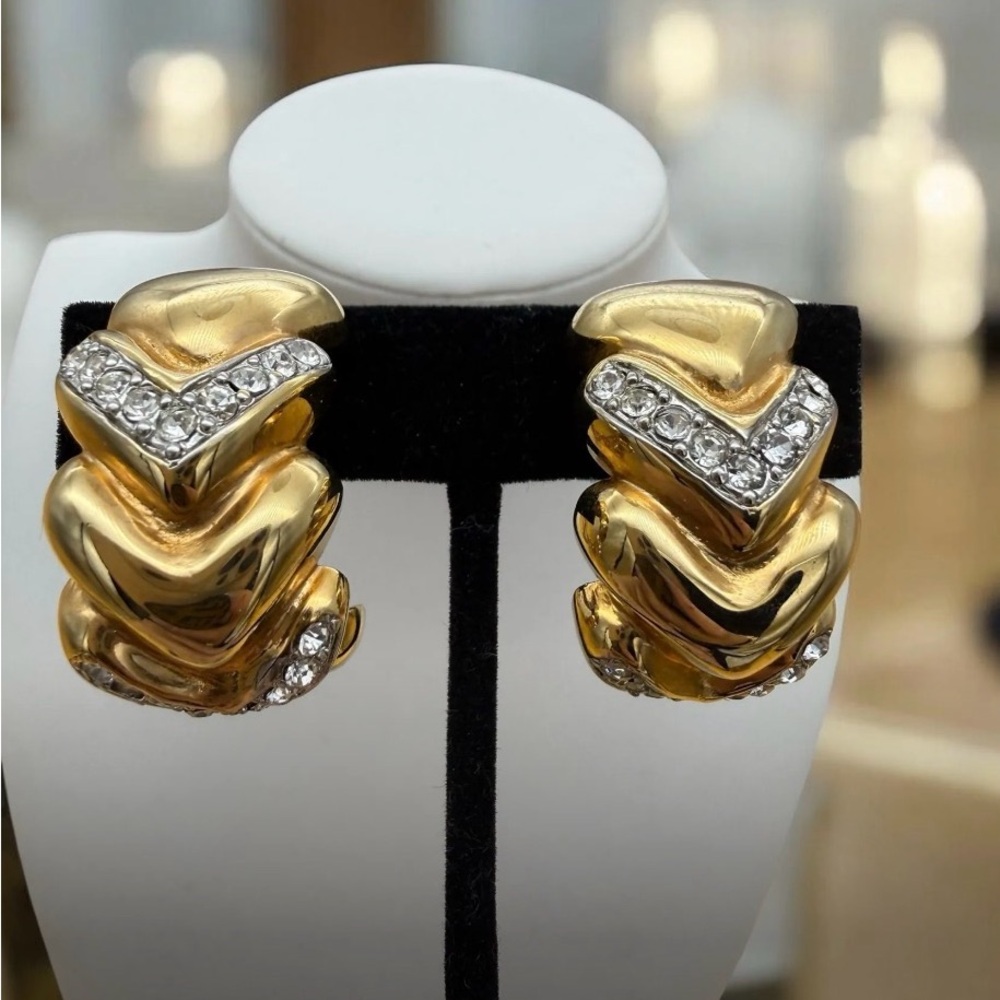 Vintage Signed Les Bernard Gold-Tone Crystal Chevron Hoop Earrings